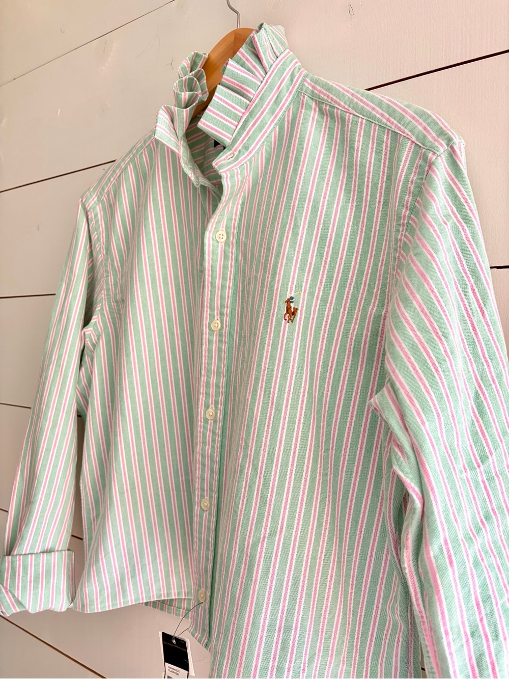 Viral Reworked Upcycled RALPH LAUREN Green & Pink Shirt Ruffle Collar, Medium